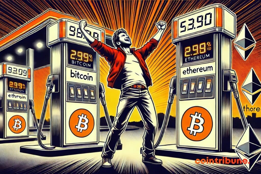 Um investidor de cripto em um posto de gasolina onde as taxas de bitcoin e Ethereum caíram 90%.