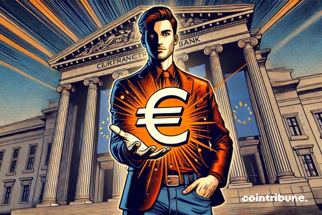 Um investidor europeu em frente a um banco com um euro digital na mão.