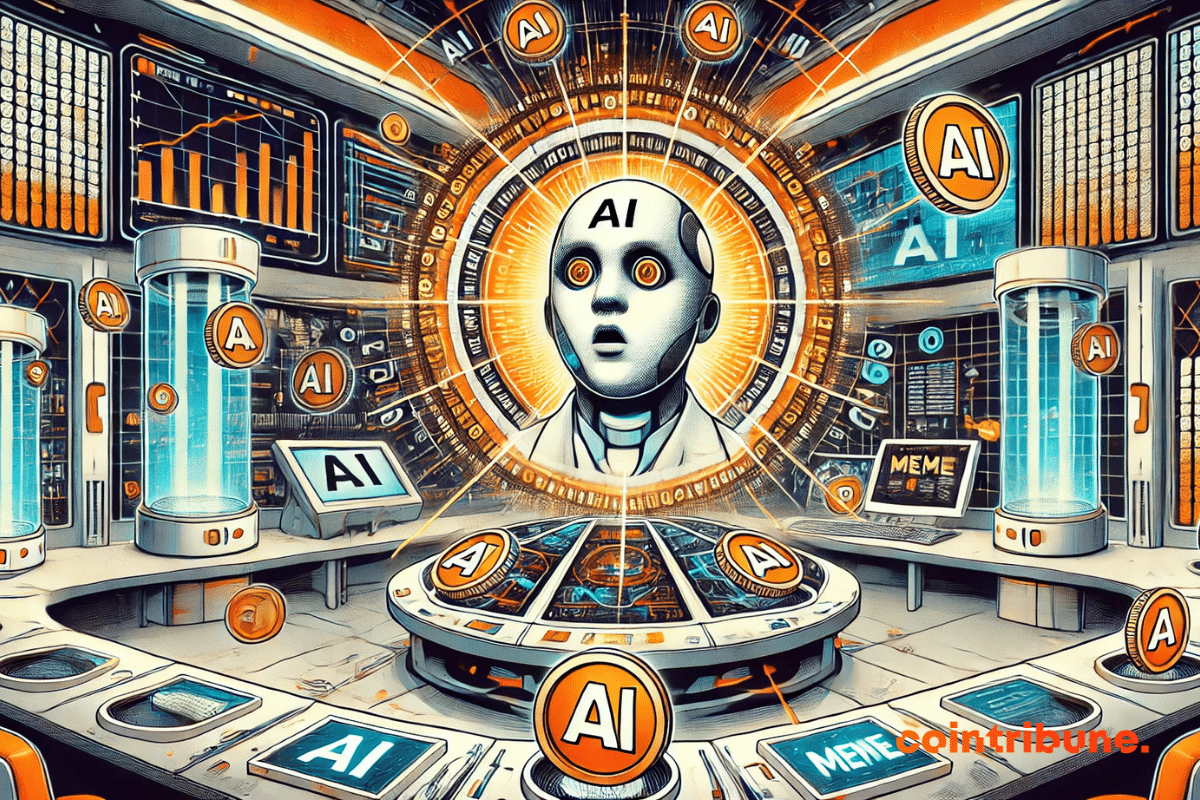 Ilustración de un laboratorio futurista con una IA personificada, rodeada de criptomonedas de IA y memecoins.