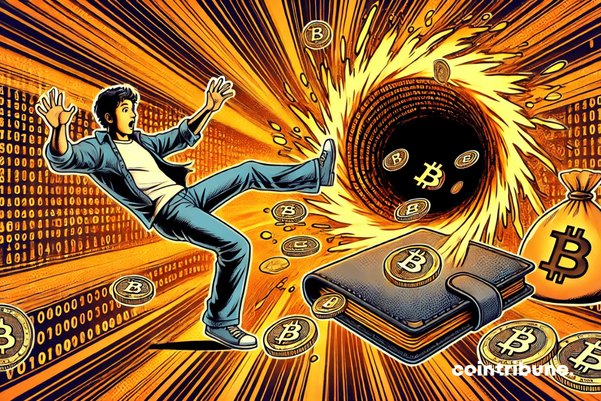 Um iniciante em cripto caindo em uma carteira digital como num vórtice.