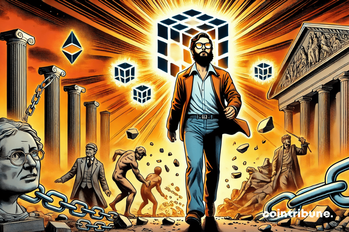 Ilustração de Charles Hoskinson caminhando em uma Ágora digital