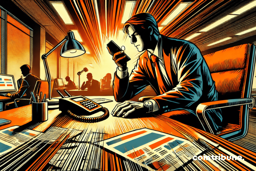 Ilustração do PDG da criptografia OM locatário de um telefone, visívelmente ocupado pela situação.
