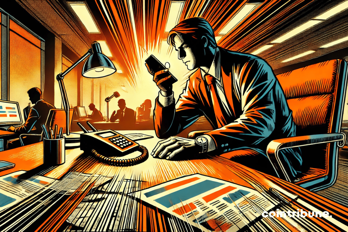 Ilustração do PDG da criptografia OM locatário de um telefone, visívelmente ocupado pela situação.