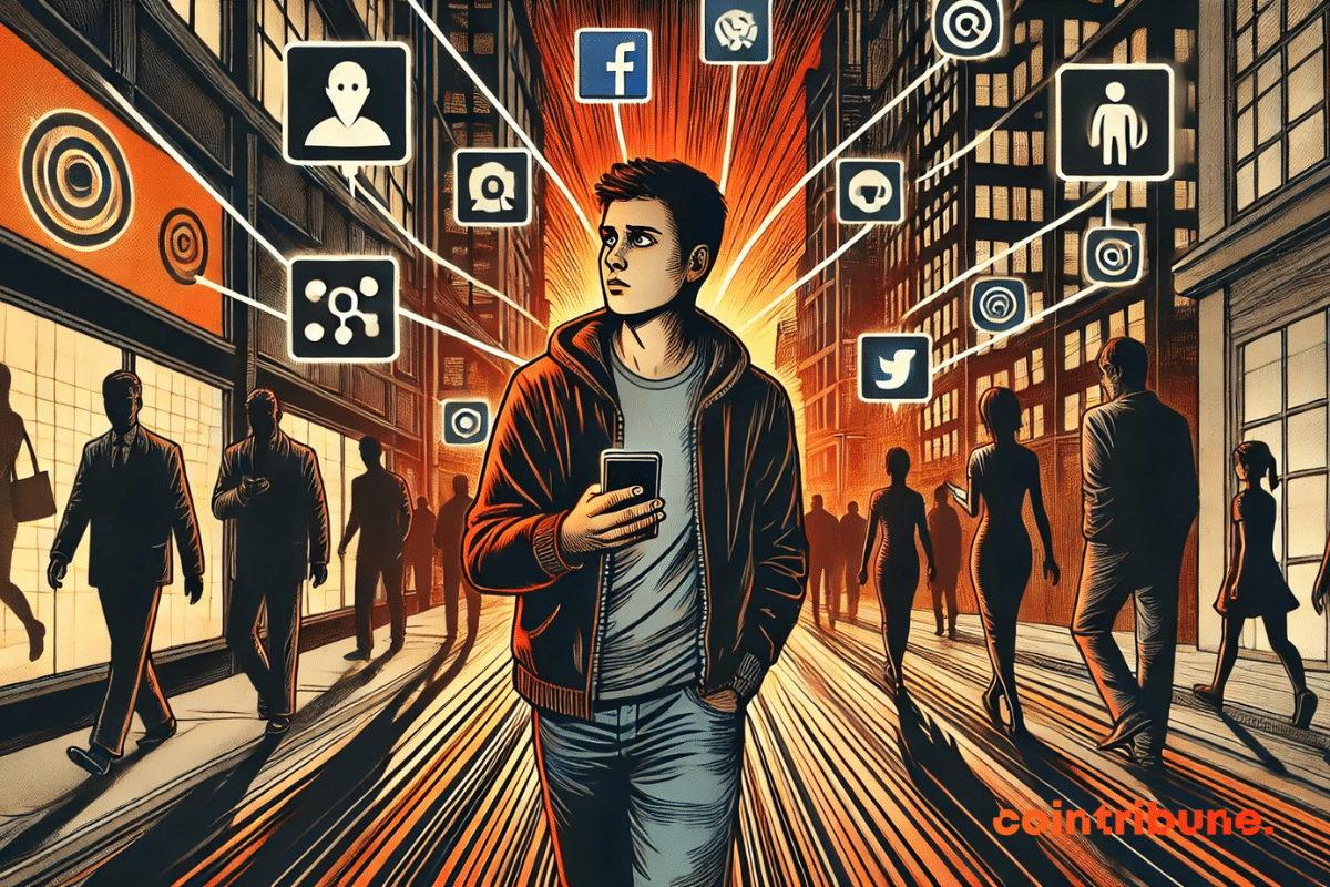 Uma ilustração mostrando um usuário de mídia social interagindo com seu smartphone