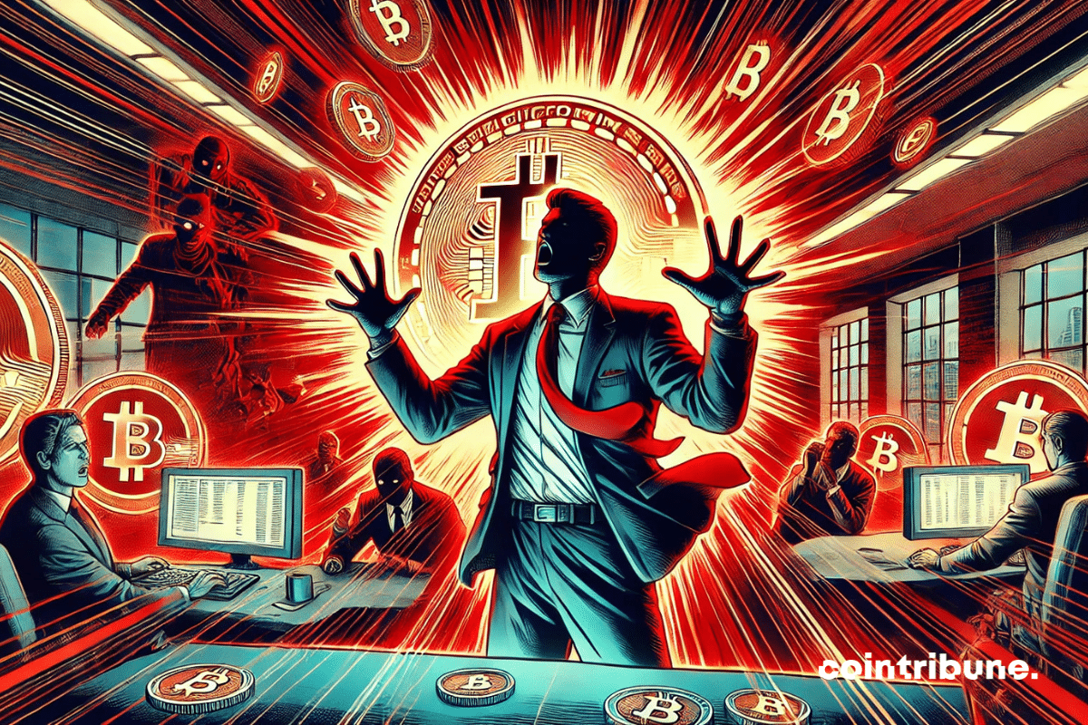 Ilustración de Michael Saylor bajo una intensa presión por una venta masiva de Bitcoin.