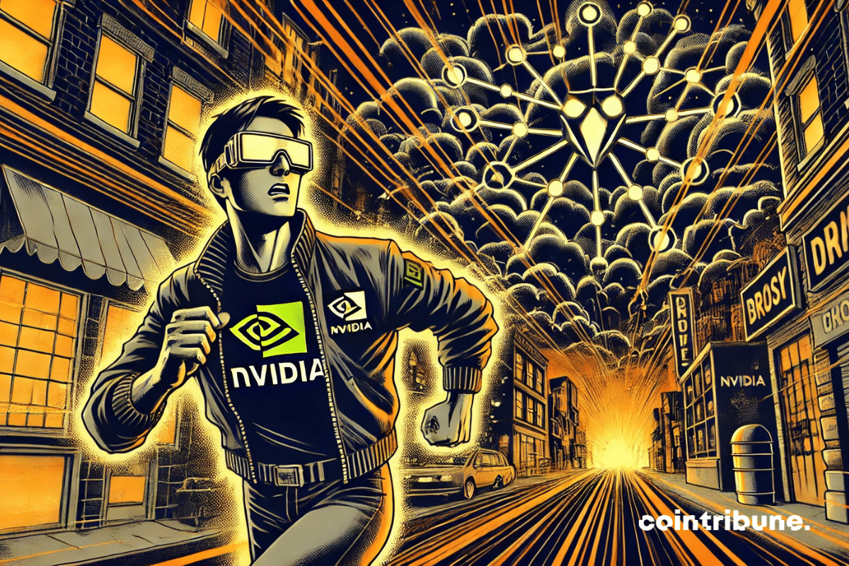 Représentation d’un homme en tenue futuriste, arborant le logo de Nvidia, courant paniqué à travers une ville nocturne en fuyant la crypto.