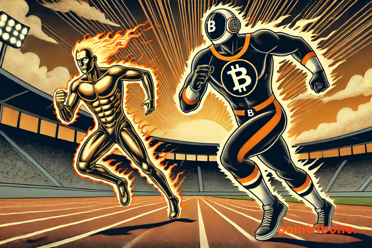 Um Bitcoin humanoide corre ao longo de uma pista, perseguindo uma figura extravagante que representa o ouro.