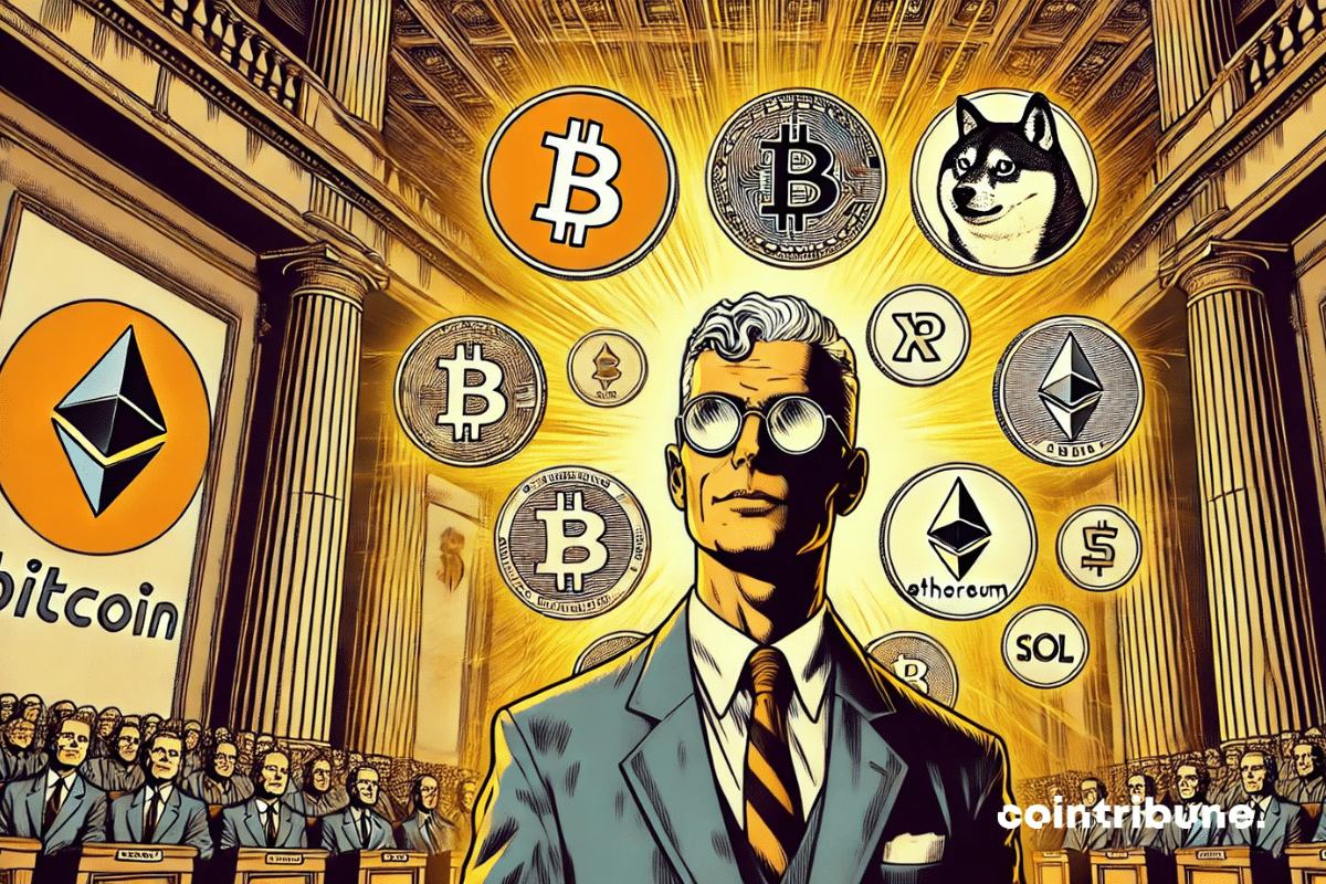 Ilustração de uma figura semelhante a Jerome Powell no centro de um edifício institucional cercado por moedas criptográficas.