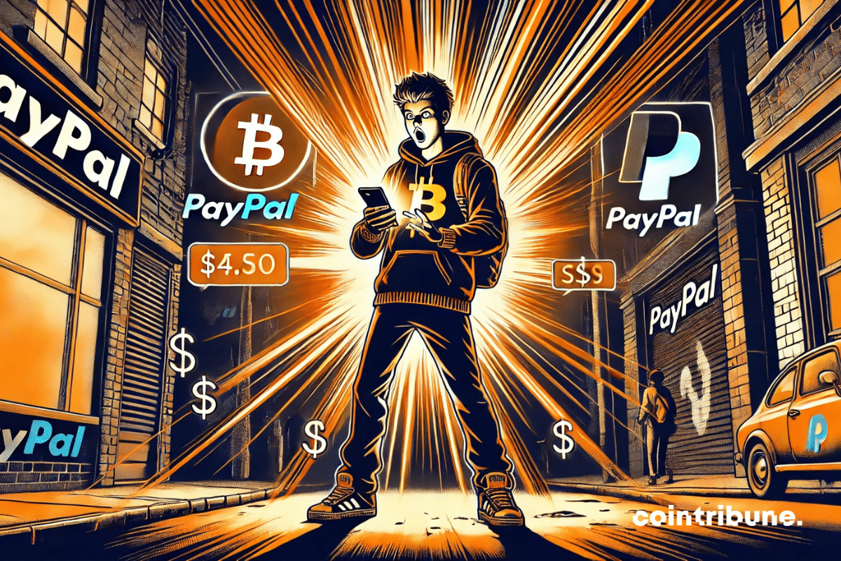 Ilustração de um usuário surpreso pelos hologramas da criptomoeda SOL e LINK que emanam de seu aplicativo do PayPal.