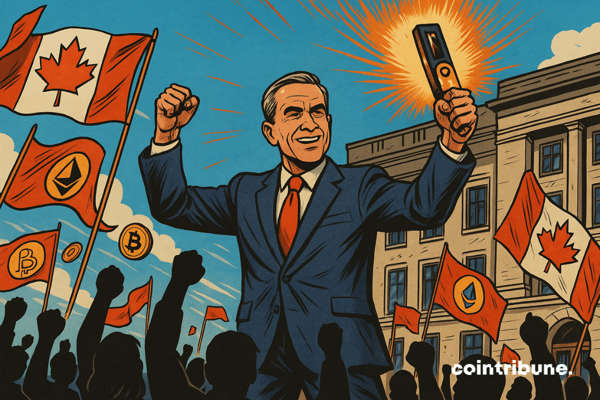 Mark Carney se alza triunfante frente a un edificio gubernamental, blandiendo una criptocartera, rodeado de banderas canadienses y cripto símbolos.