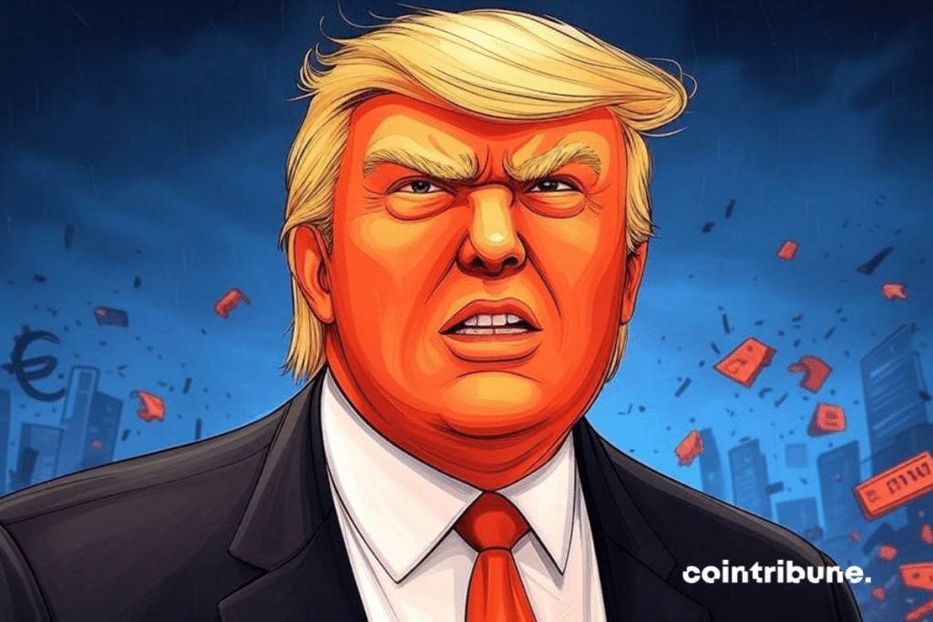 Donald Trump de terno, parecendo determinado, em frente a um gráfico de ações em queda, simbolizando o impacto de suas decisões nos mercados financeiros.