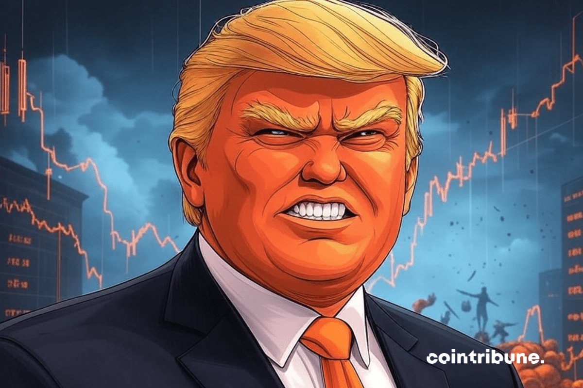 Donald Trump com uma expressão ameaçadora, tendo como pano de fundo os gráficos do mercado de ações em queda e os símbolos financeiros em crise.