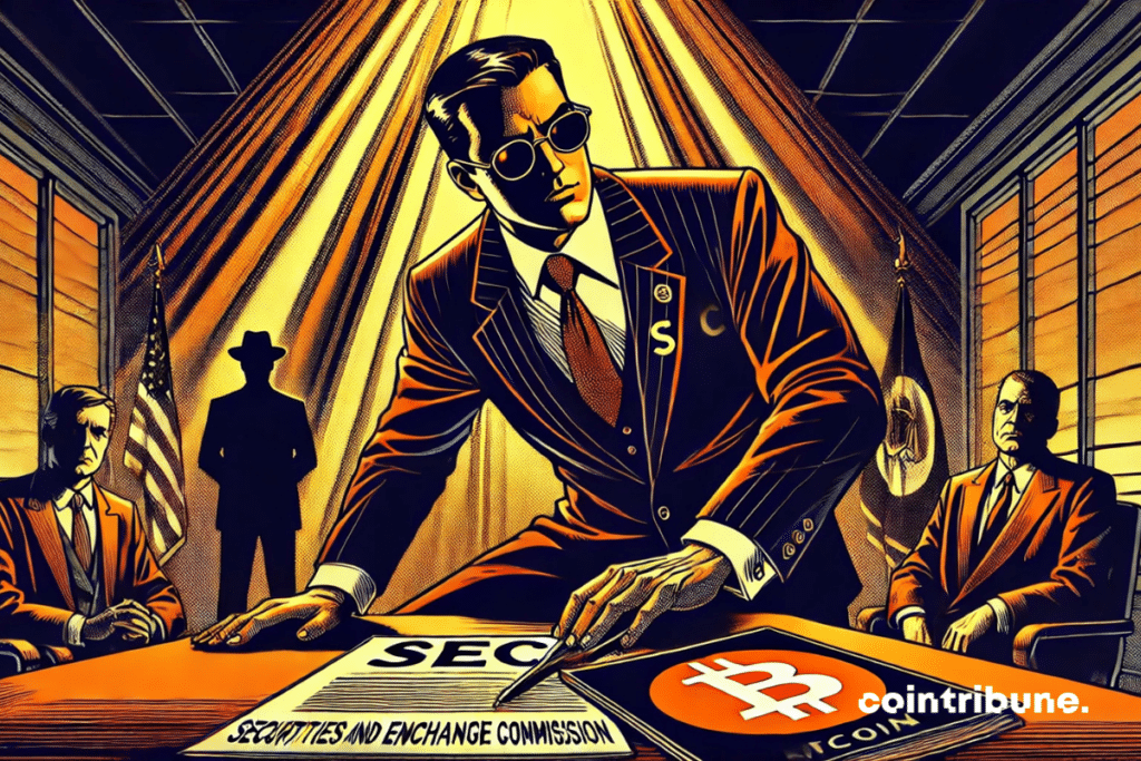 Représentation d'un agent de la SEC et d'une table avec un dossier frappé d’un logo Bitcoin.