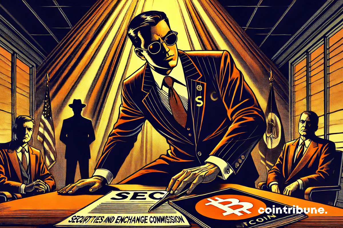 Représentation d'un agent de la SEC et d'une table avec un dossier frappé d’un logo Bitcoin.