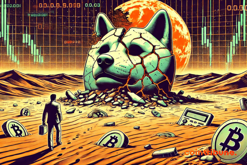 Shiba Inu logo cracked in a desert