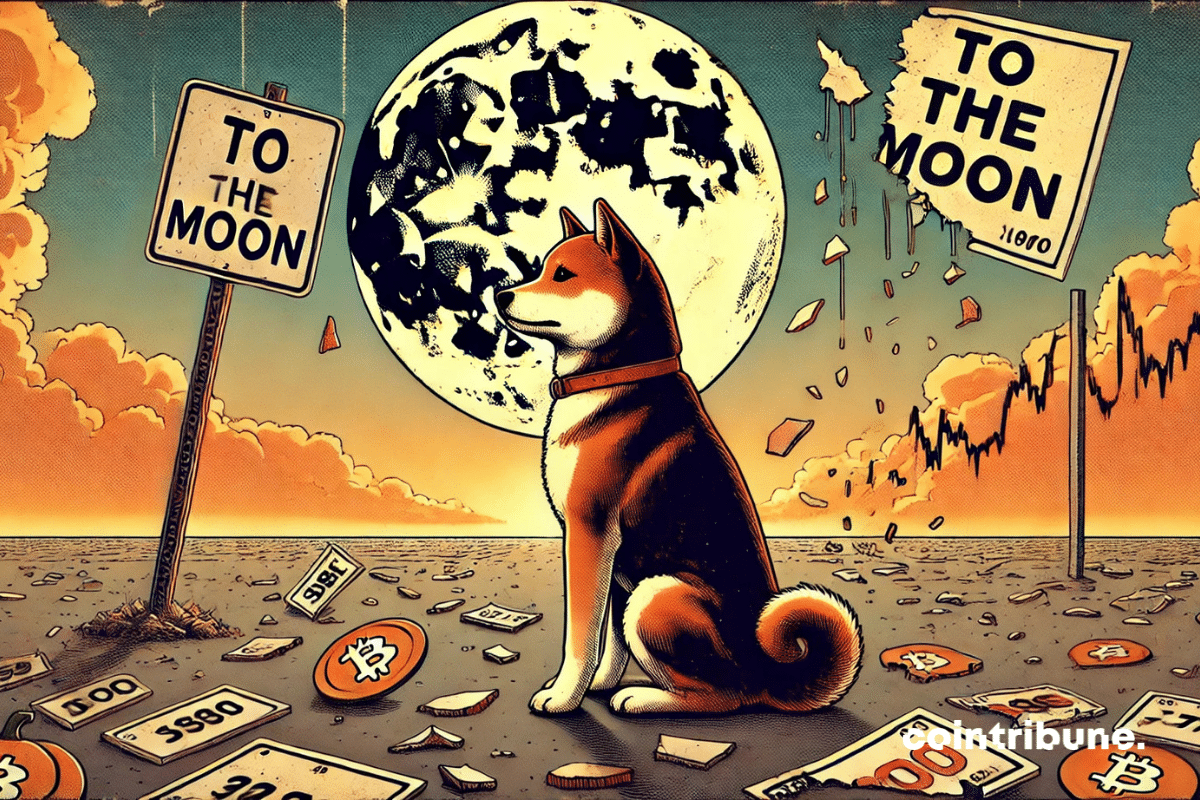 Shiba Inu looking at torn "To The Moon" signs