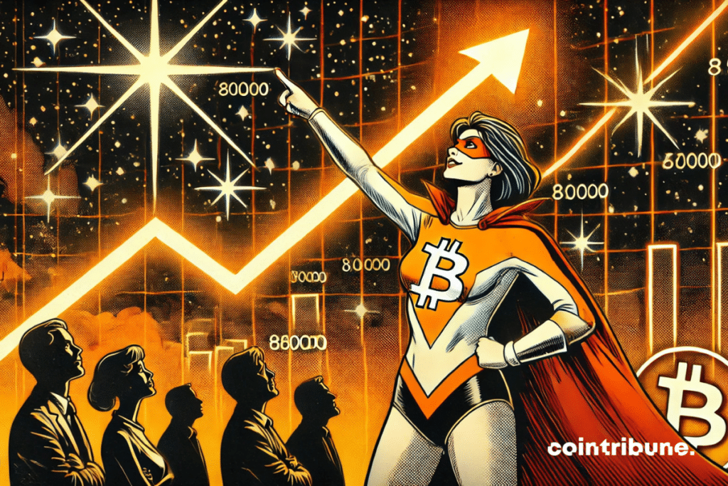 La atmósfera nocturna y cósmica, combinada con la postura heroica y el gráfico celestial, evoca revelación y esperanza : una visión poderosa del Bitcoin a 80 000 $.
