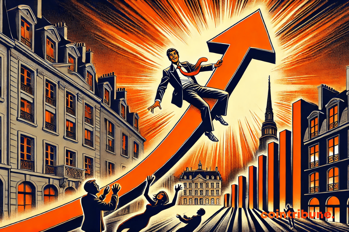 A businessman in a suit, hanging from the top of a giant arrow shaped like a graph rising from a town square in France, symbolizing the rise in property prices.