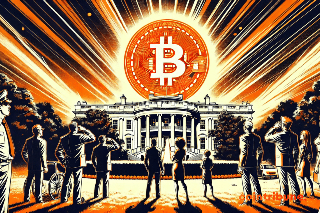 Un Bitcoin gigante en el cielo sobre la Casa Blanca, observado con asombro por varias personas.