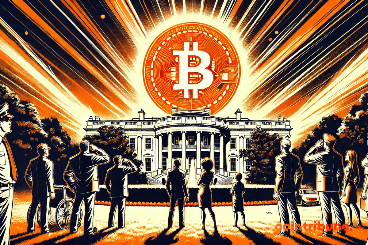 Un Bitcoin gigante en el cielo sobre la Casa Blanca, observado con asombro por varias personas.