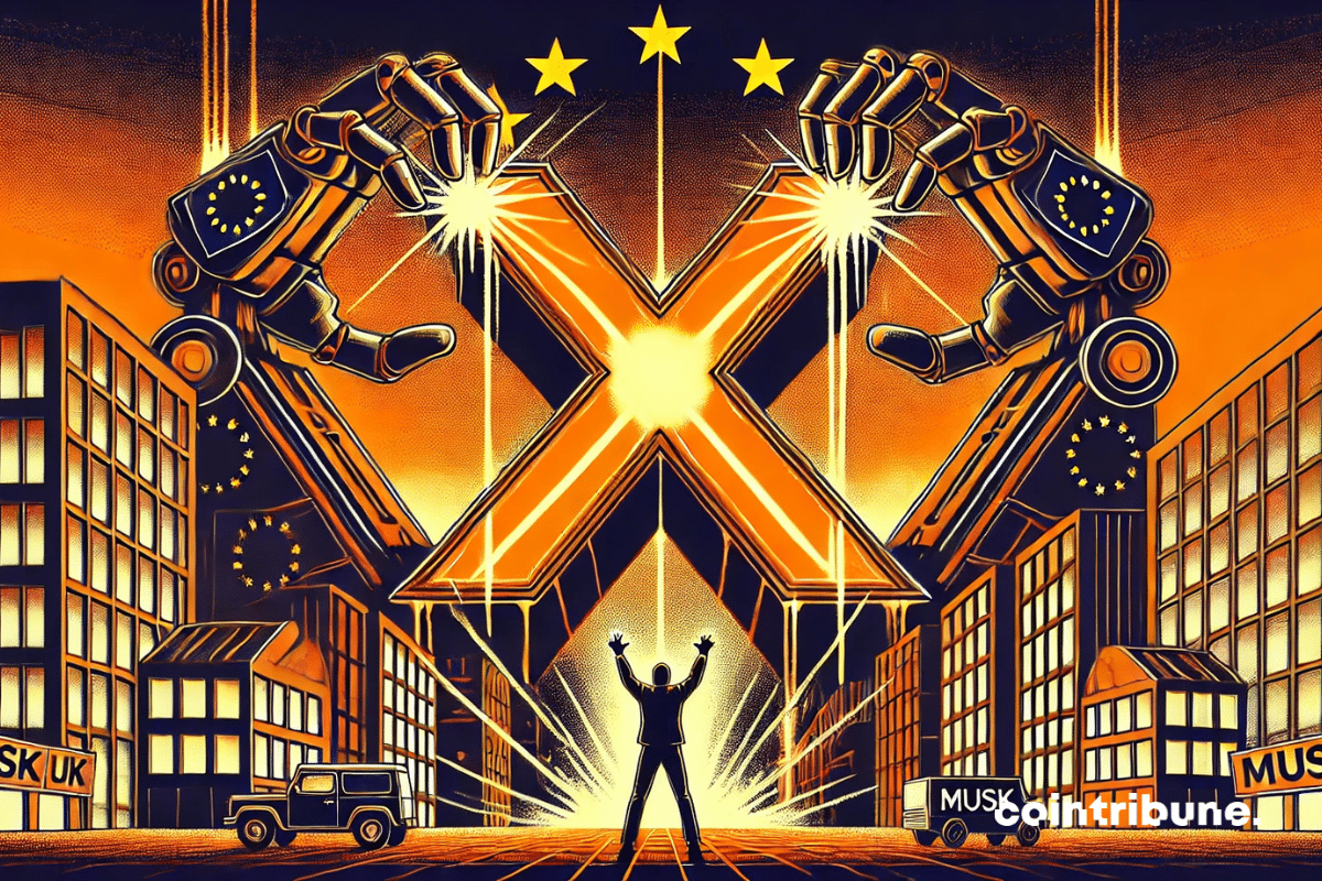 O esmagamento iminente do símbolo “X” pelos braços mecânicos da União Europeia que se elevam sobre um Musk indefeso.