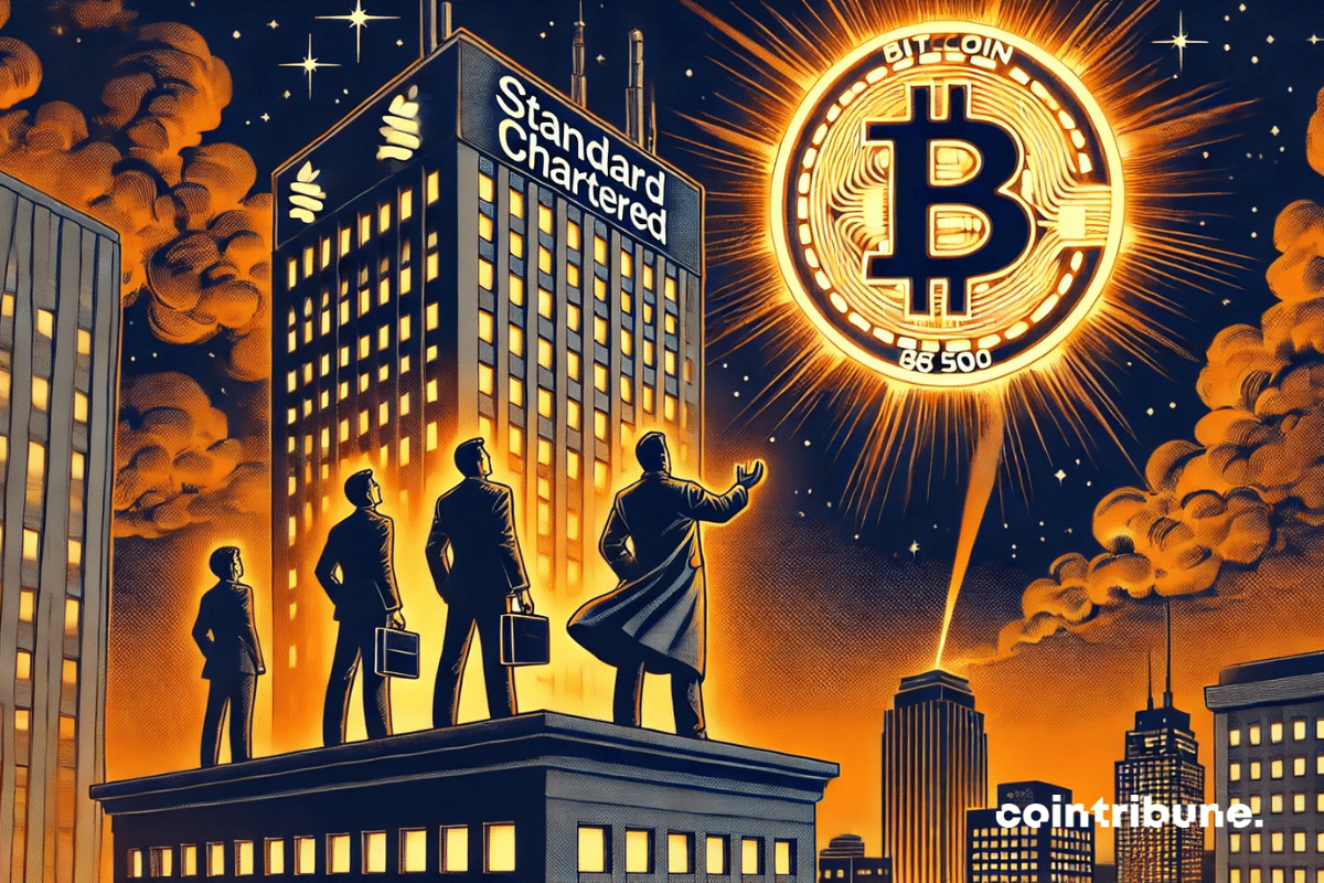 A atmosfera mística e o efeito de elevação do Bitcoin acima do prédio do Standard Chartered
