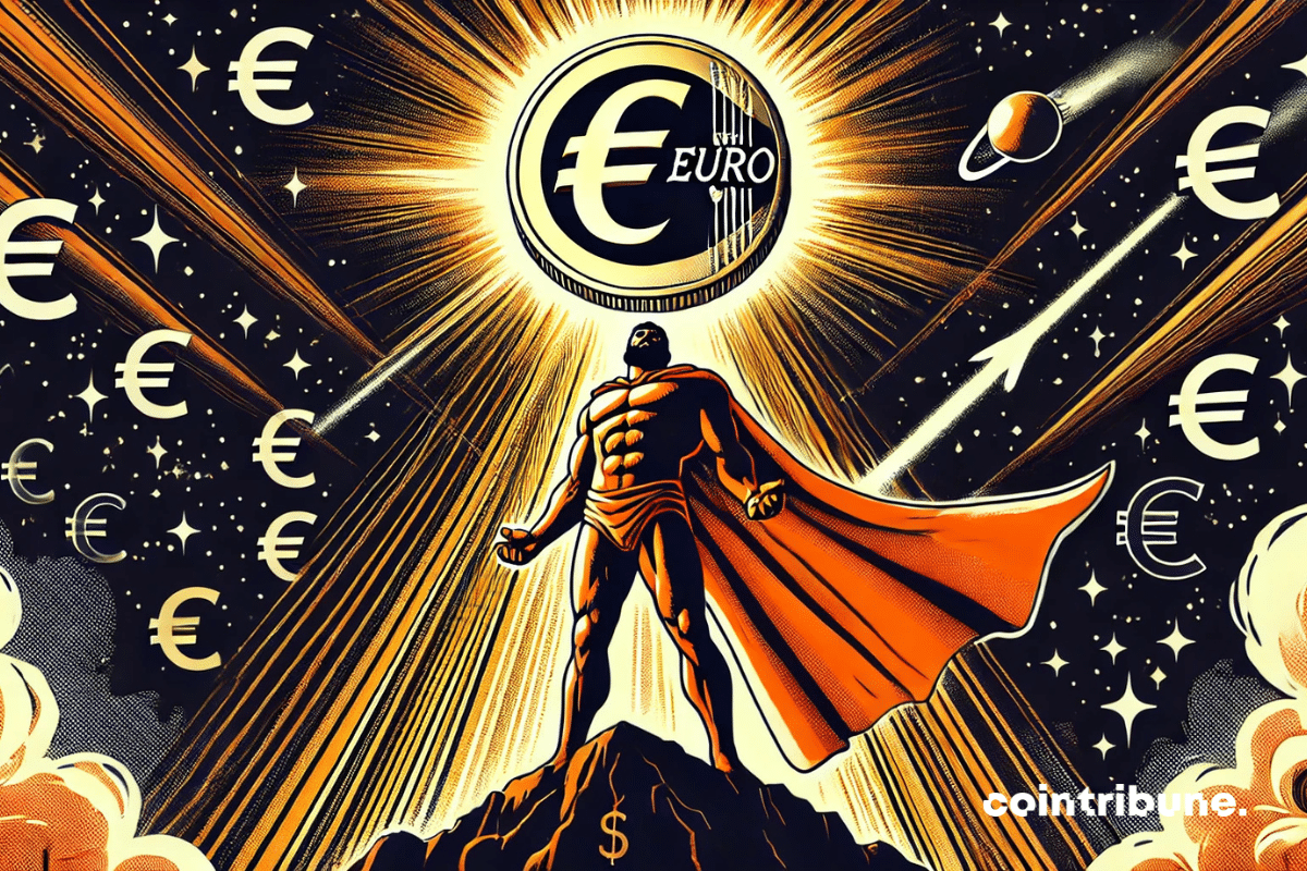 O euro gigante domina o mundo e o dólar, em uma composição mitológica e triunfante.