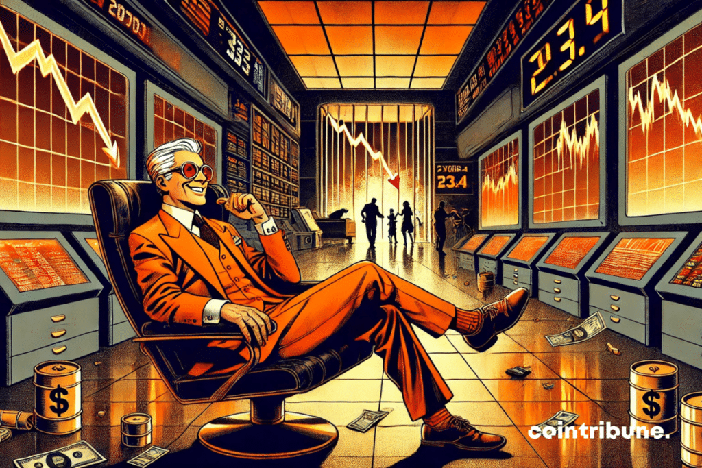 Um investidor simbolizando Buffett, confortavelmente instalado em um centro de controle financeiro, aproveitando o colapso do mundo exterior.