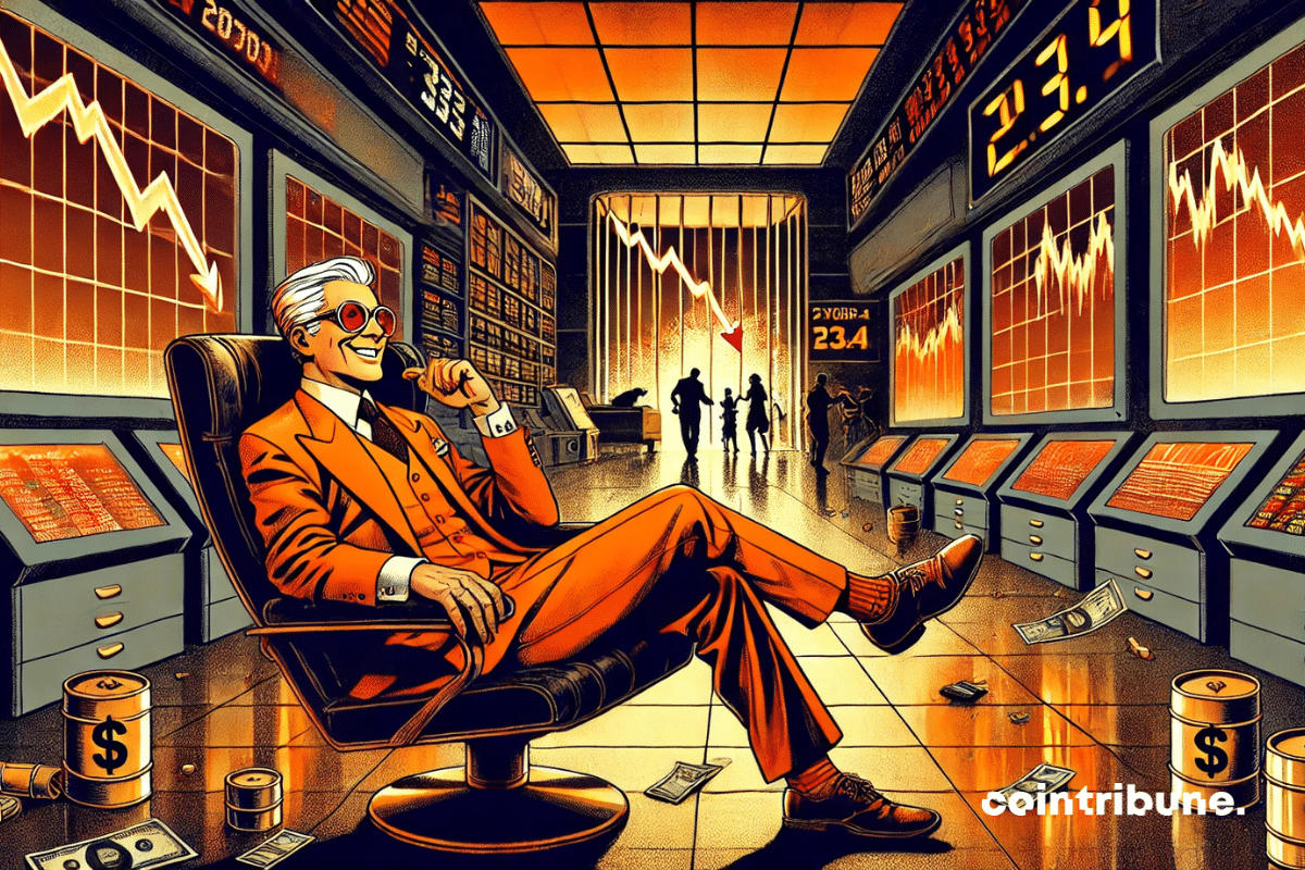 Um investidor simbolizando Buffett, confortavelmente instalado em um centro de controle financeiro, aproveitando o colapso do mundo exterior.