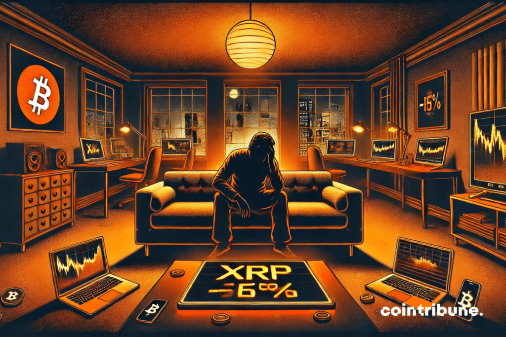 Um investidor de criptomoedas, sozinho em sua sala de estar, sobrecarregado pela queda repentina na atividade da rede XRP.