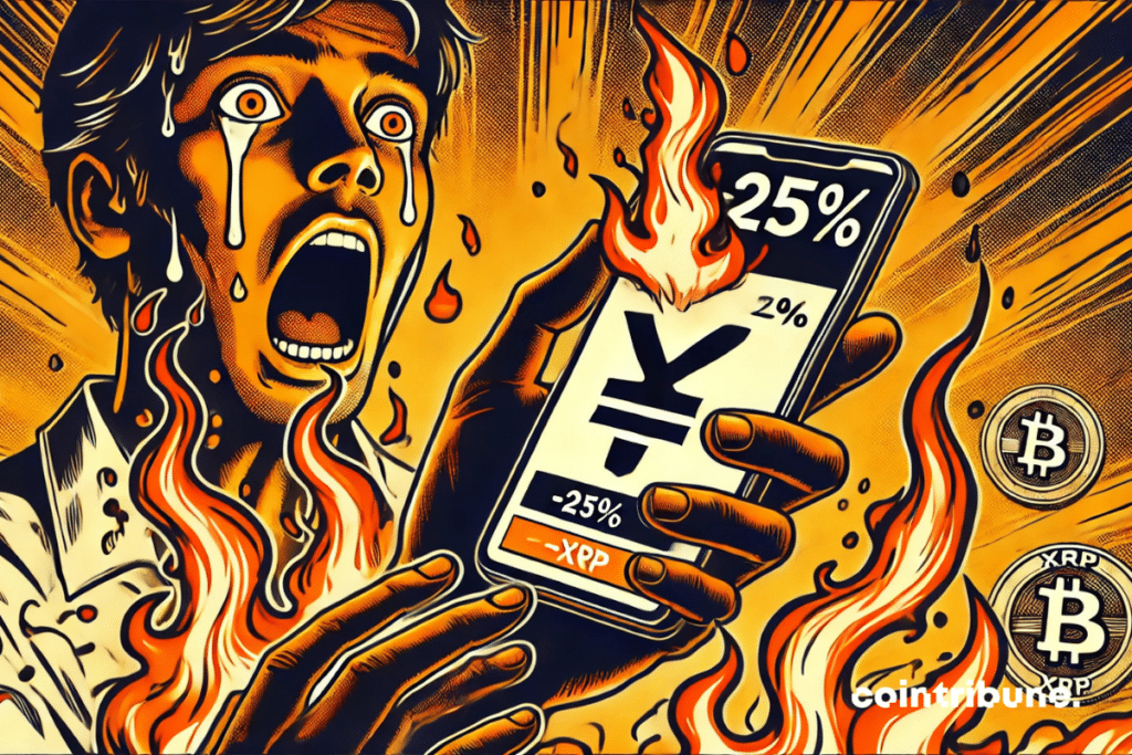 A carteira de XRP pegando fogo na mão trêmula de um investidor cripto retrata perfeitamente a tensão e o pânico causados pela queda brusca de 25 %.