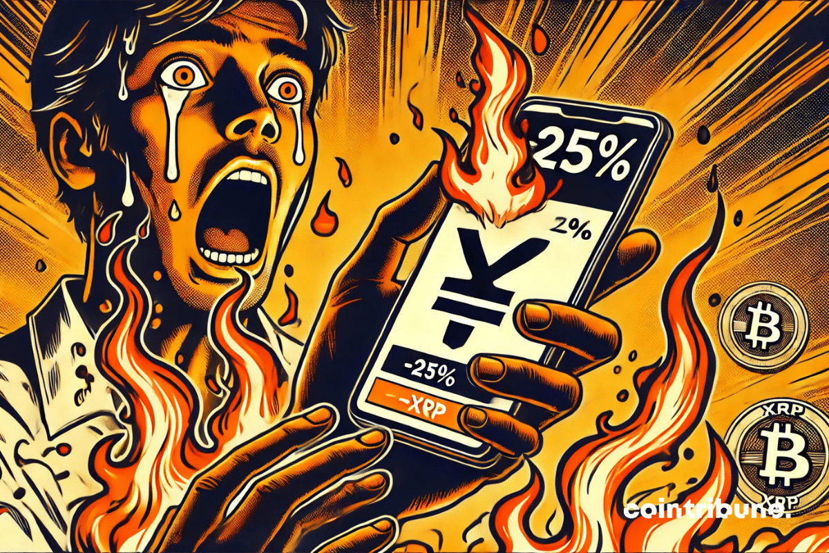 A carteira de XRP pegando fogo na mão trêmula de um investidor cripto retrata perfeitamente a tensão e o pânico causados pela queda brusca de 25 %.