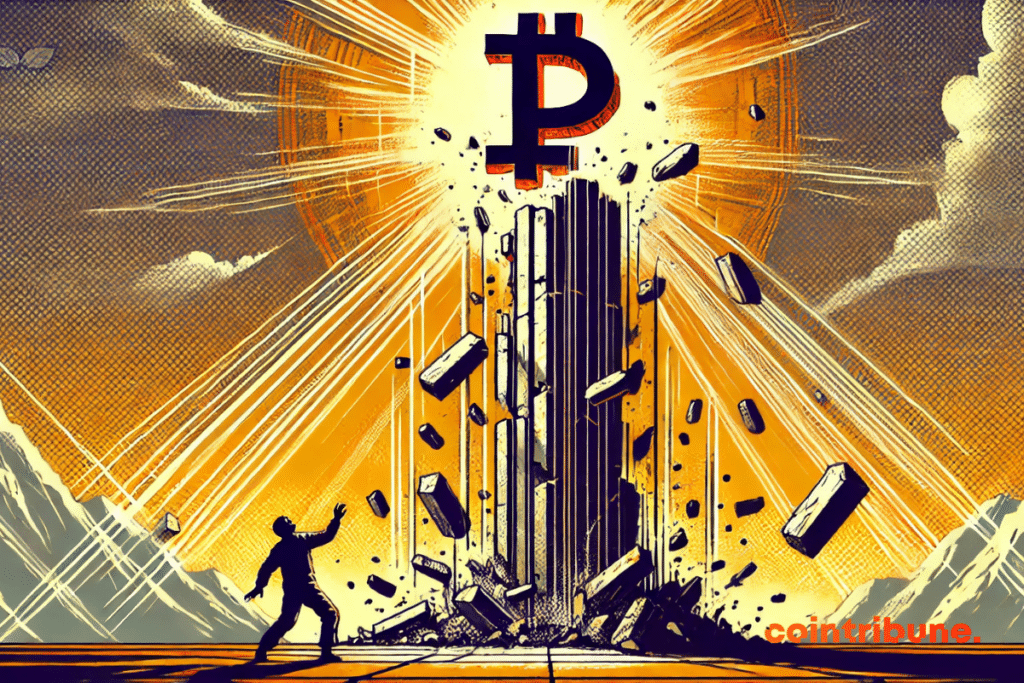 A criptografia da Pi Network está no topo de um totem instável, observada por um trader com admiração ou em busca.