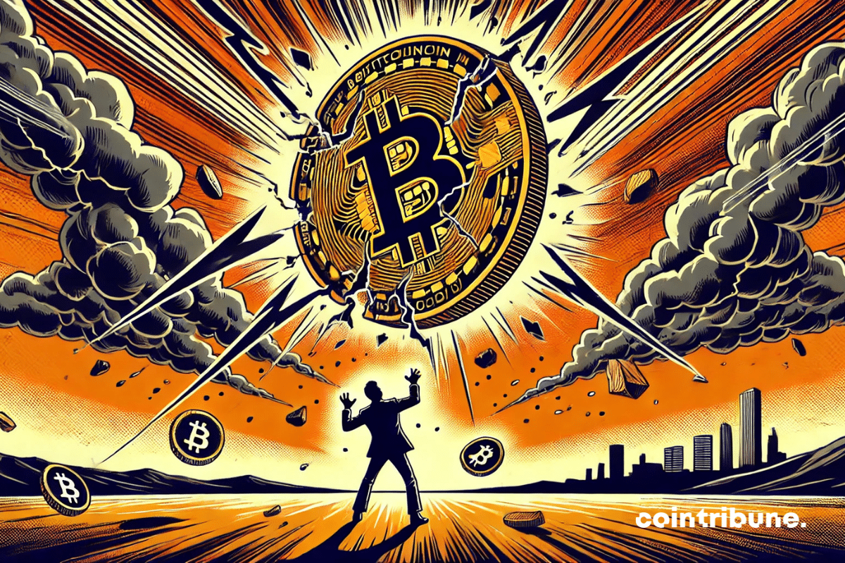 A moeda de Bitcoin rachada cai do céu em uma atmosfera apocalíptica, acentuando a tensão dramática da queda abaixo dos 80.000 dólares.