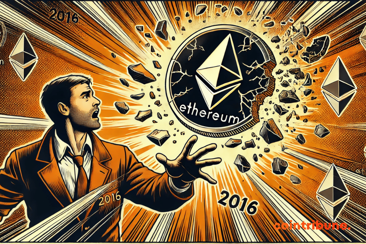 Um trader em pânico estendendo a mão em direção à moeda de Ethereum que está se desintegrando.