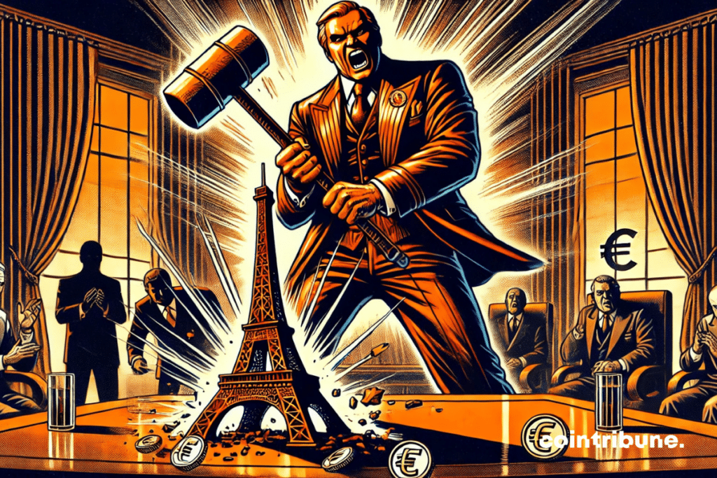 Um líder simbólico, neste caso Trump, golpeando violentamente uma Torre Eiffel em miniatura, um monumento emblemático da França.