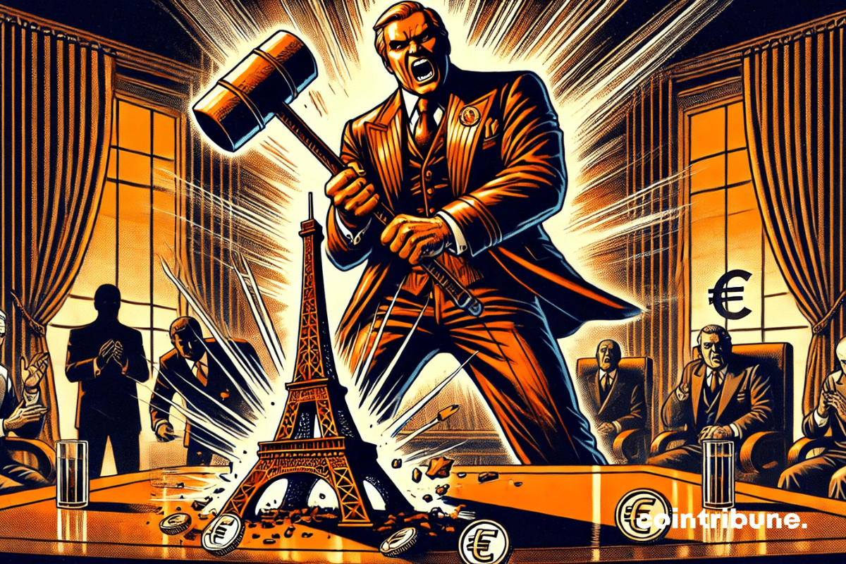 Um líder simbólico, neste caso Trump, golpeando violentamente uma Torre Eiffel em miniatura, um monumento emblemático da França.