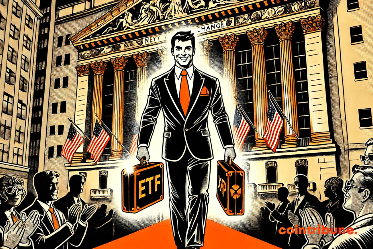 Um operador de criptomoedas segurando orgulhosamente duas malas: uma marcada como ETF e a outra como XRP, sob os holofotes de Wall Street.