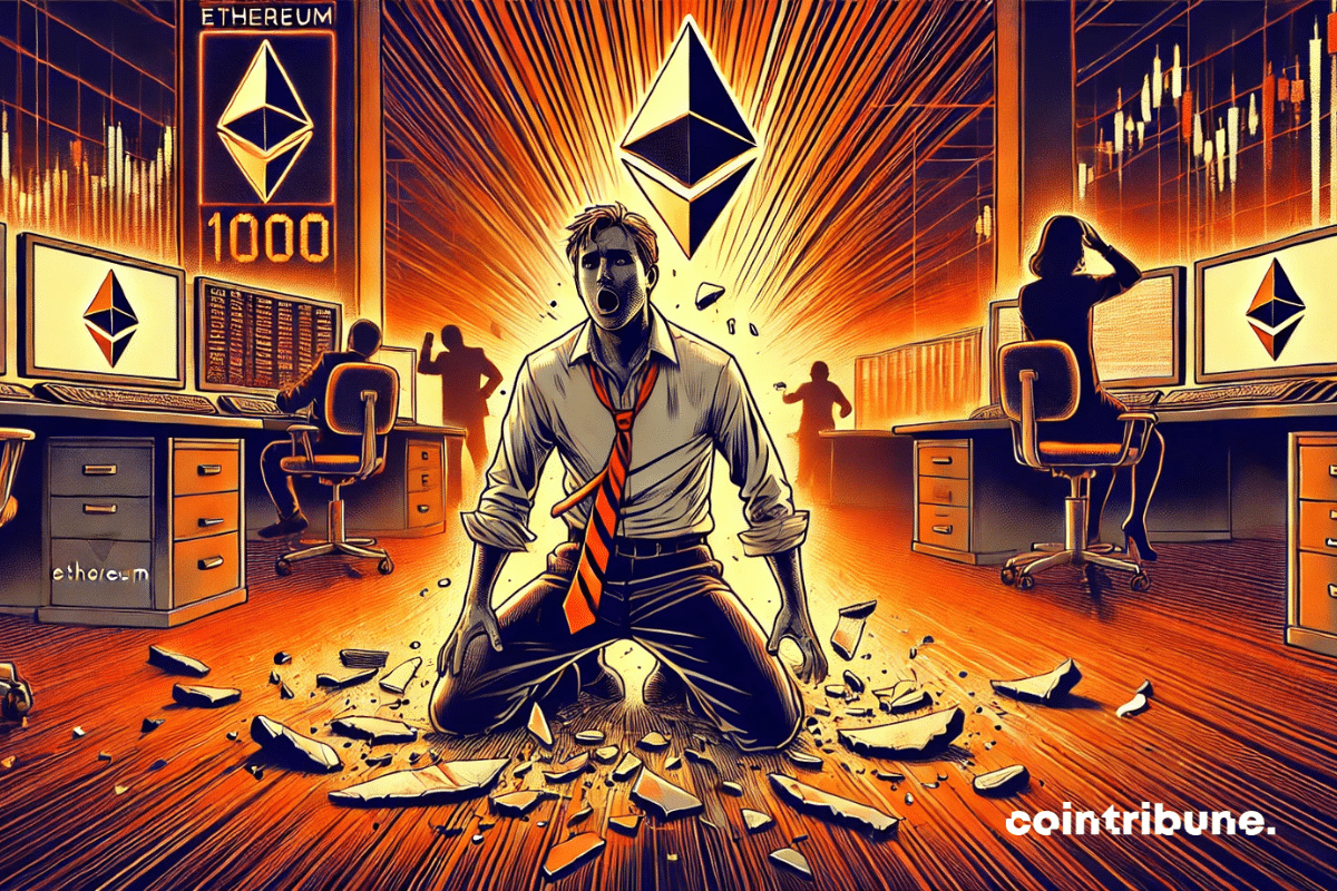 Um trader de criptomoedas de camisa e gravata afrouxada, sentado no chão, encostado na parede, com o olhar vazio. Ao lado dele, um enorme logo do Ethereum quebrado no chão e uma tela exibindo “1000 $” em uma luz laranja intensa.