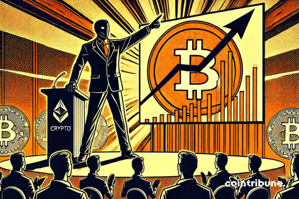 Um discurso cripto simbólico de Trump com uma alta meteórica projetada na tela.