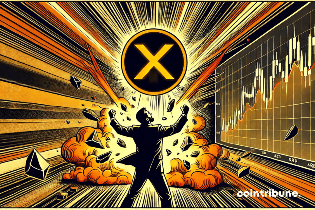 Una ruptura gráfica explosiva de la que emerge un haz estilizado y poderoso de la criptomoneda XRP.