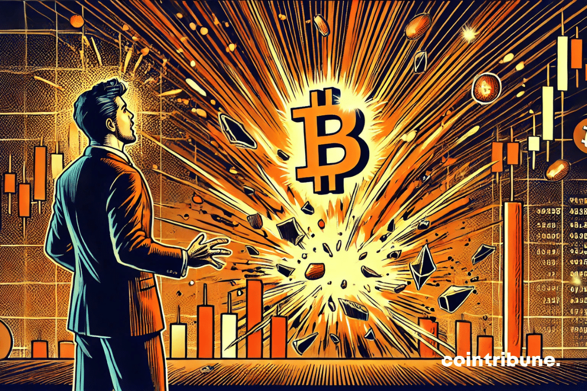 Un graphe crypto en explosion, avec des chandeliers projetés comme des éclats autour d’un Bitcoin central incandescent.