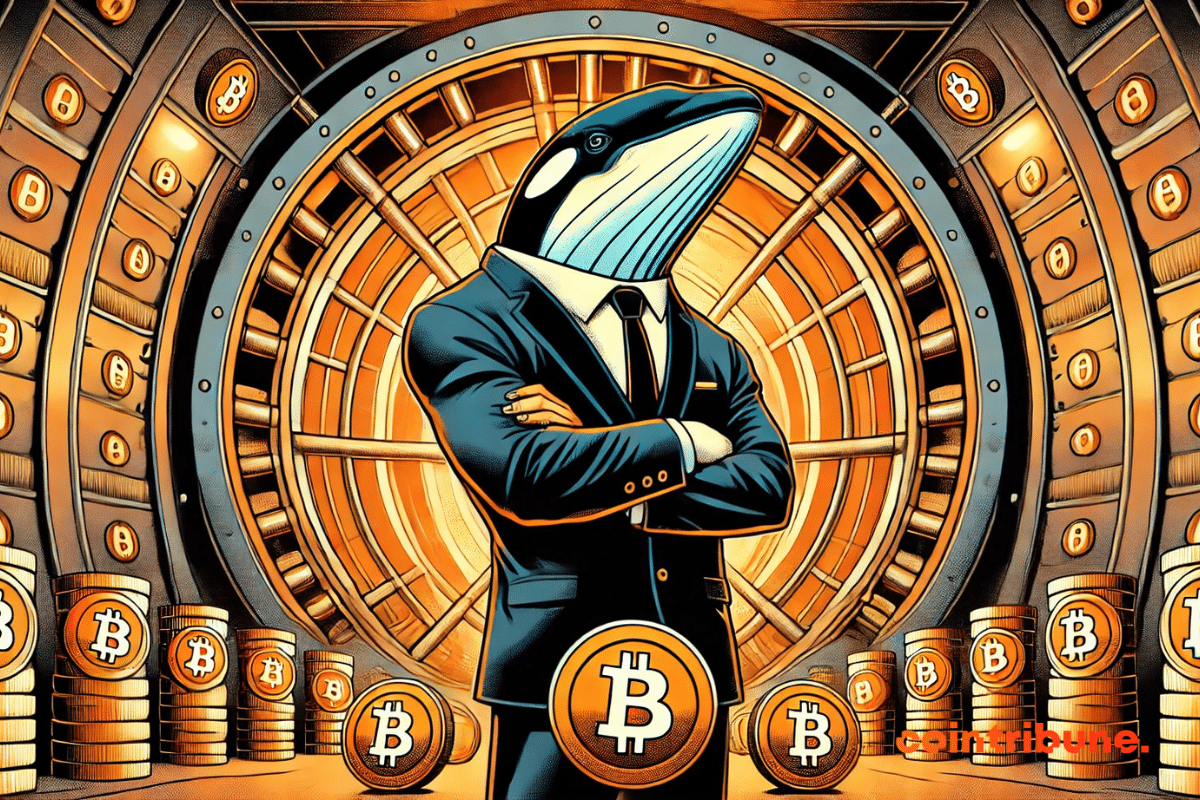 Une baleine anthropomorphe observe ses pièces de Bitcoin dans un coffre-fort géant.