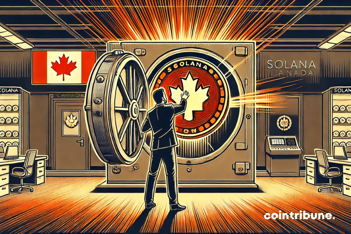 Uma moeda Solana é colocada em um cofre estilizado por um investidor de criptomoedas, simbolizando a validação do ETF.