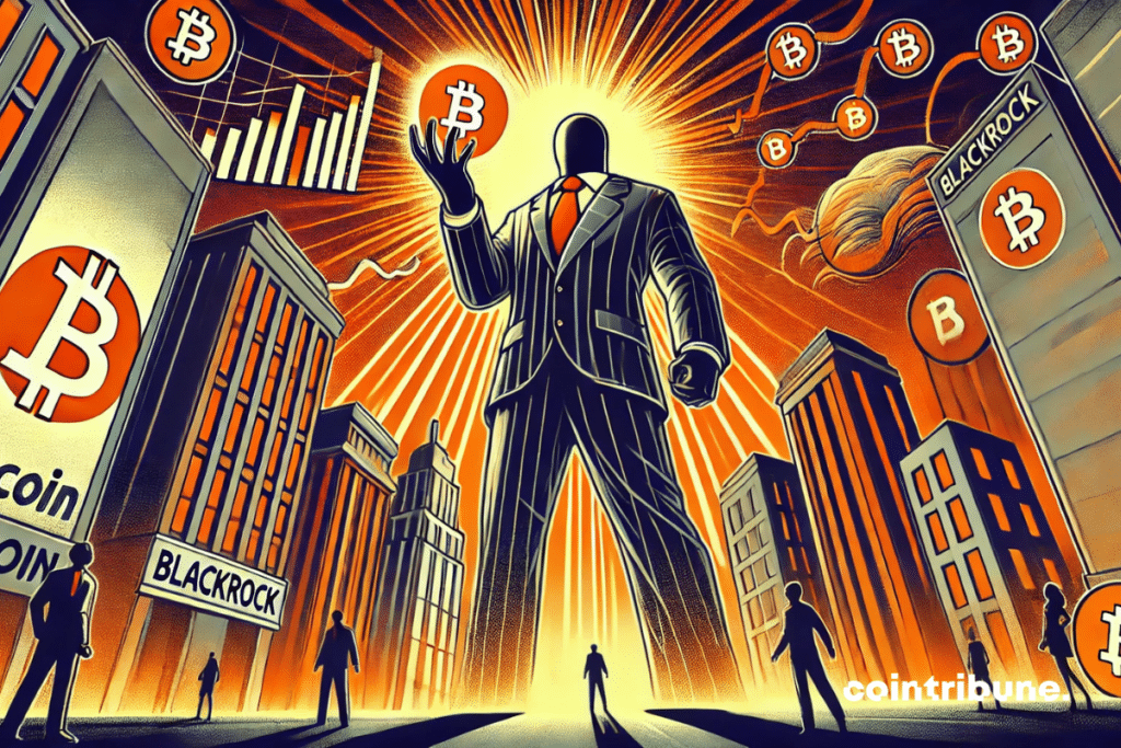 Un gigante dominante (BlackRock) con un Bitcoin en la mano.