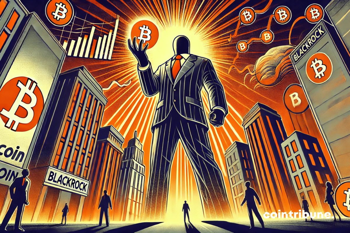 Um gigante dominante (BlackRock) com um Bitcoin em mãos.