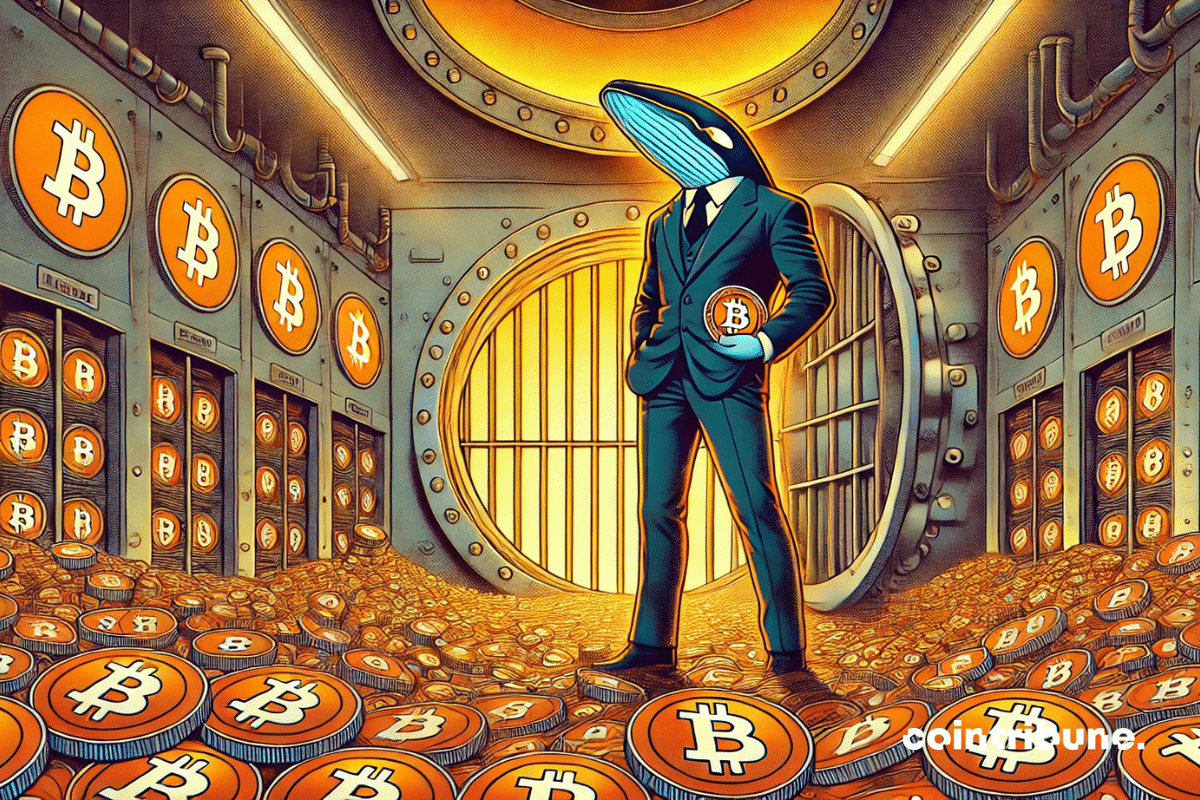 Uma baleia antropomórfica dentro de um cofre gigante cheio de Bitcoin.