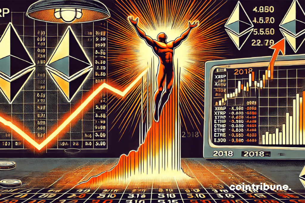 XRP e Ethereum ganham forma em um duelo gráfico cripto estilizado e animado.