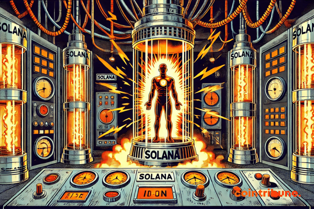 Solana está sob alta pressão. A energia está prestes a transbordar. Medidores superaquecidos, vapor e raios reforçam visualmente a ideia de que o preço da cripto está prestes a explodir.