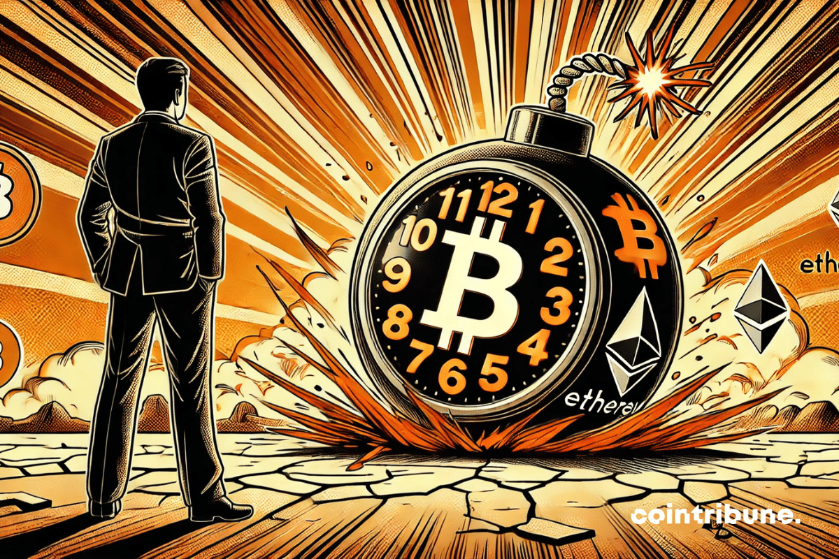 Um personagem em um terno ansioso observando a bomba de criptografia pronta para explodir, simbolizando a expiração das opções de Bitcoin e Ethereum.